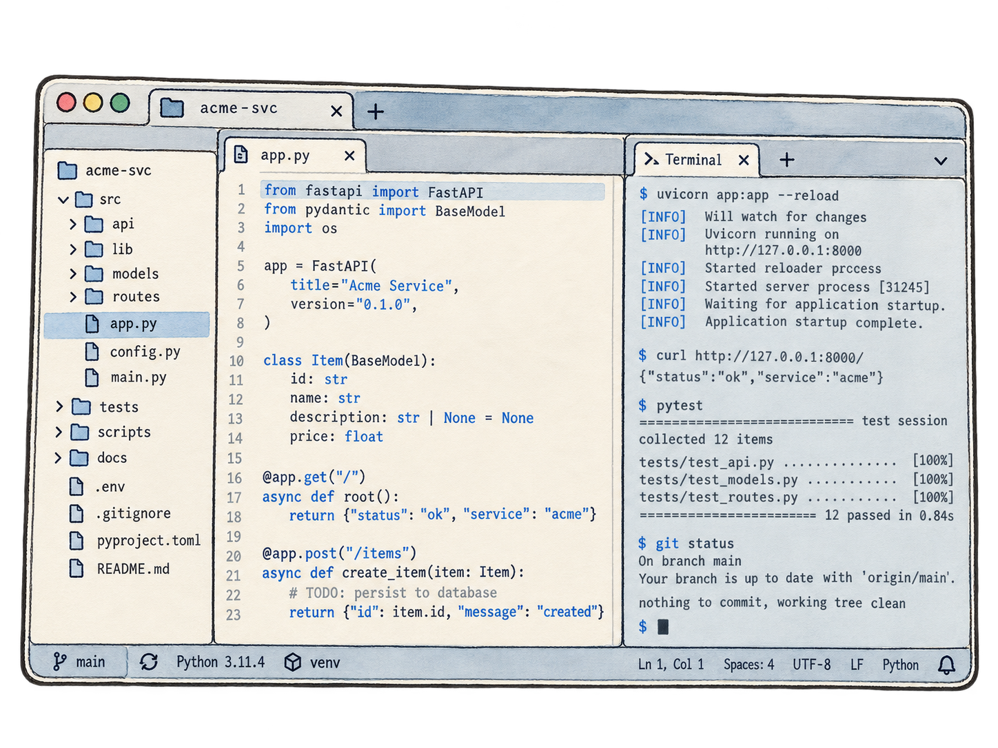 Ilustración de un editor de código con una terminal